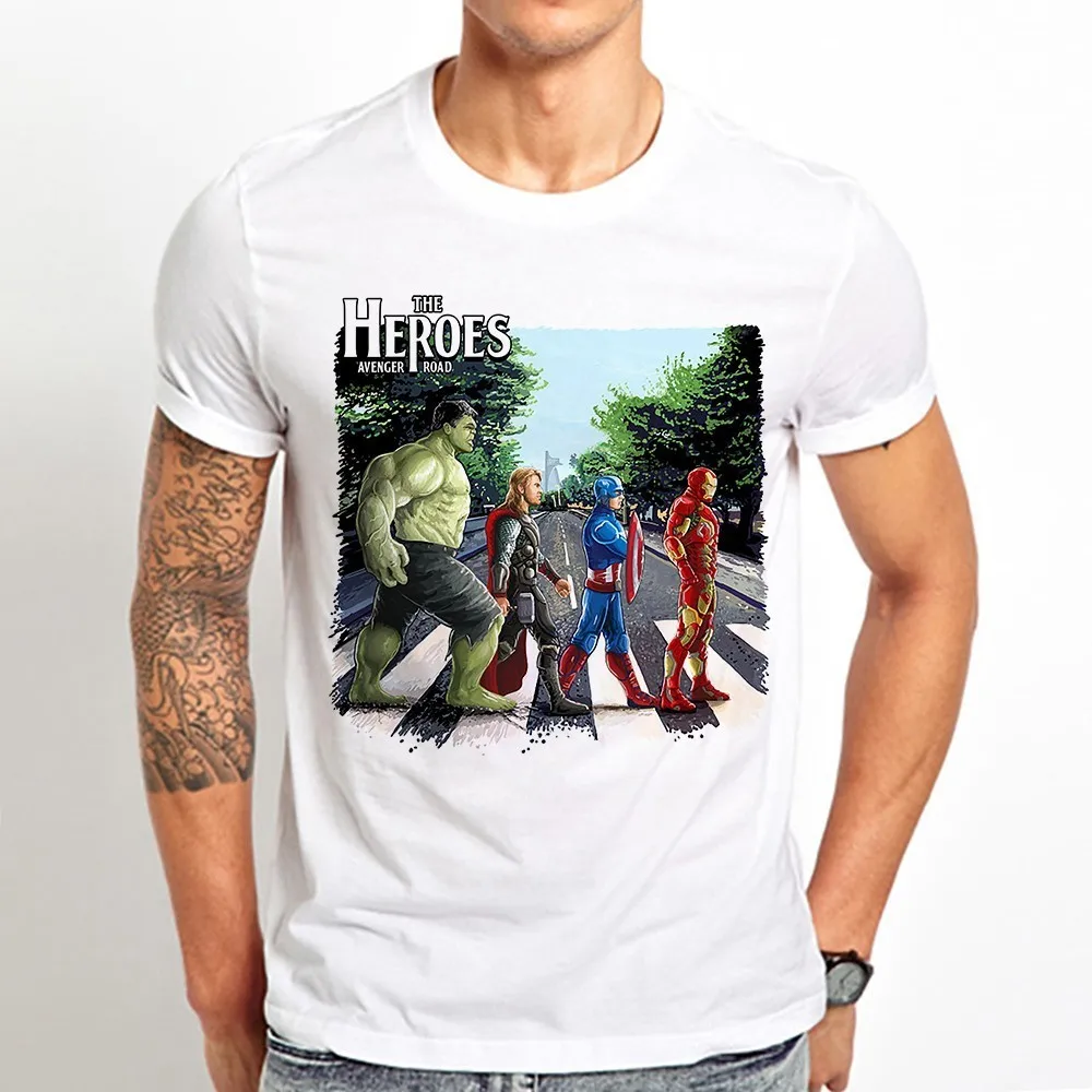 

superheros avenger hulk iron man thor on road funny t-shirt men summer new white casual short sleeve rock unisex t shirt