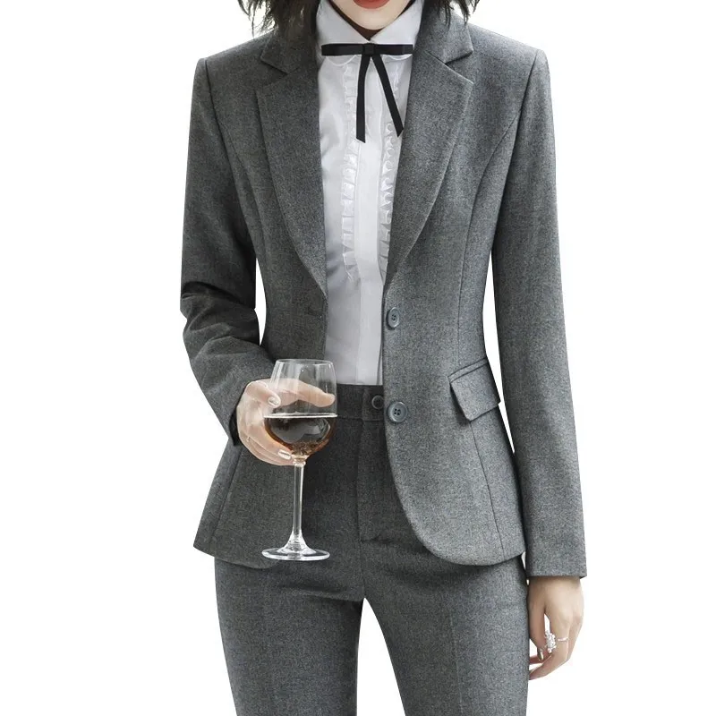 Plus Size High Quality Lady Business Two Pieces Set Women Pant Suits Slim Work Wear Office Lady Long Sleeve Blazer Pants Set