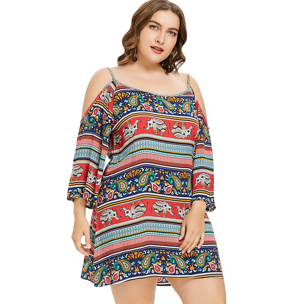 

Wipalo Women Plus Size Open Shoulder Ethnic Mini Dress Tribal Elephant Spaghetti Strap Cami Dress 2019 Summer Boho Beach Dress
