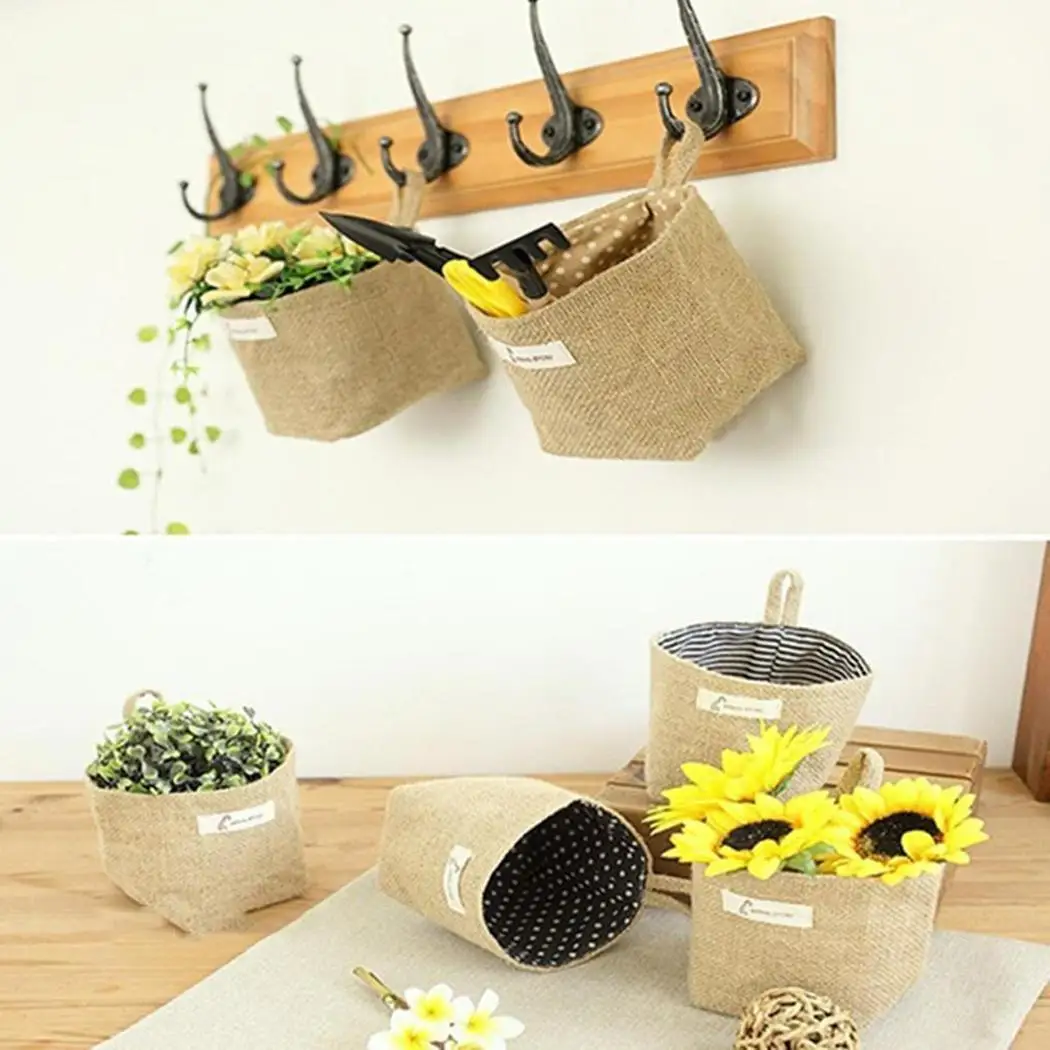 

Zakka style storage box jute Storage Bag Basket cotton lining sundries basket mini desktop storage bags hanging bag For Baby Toy