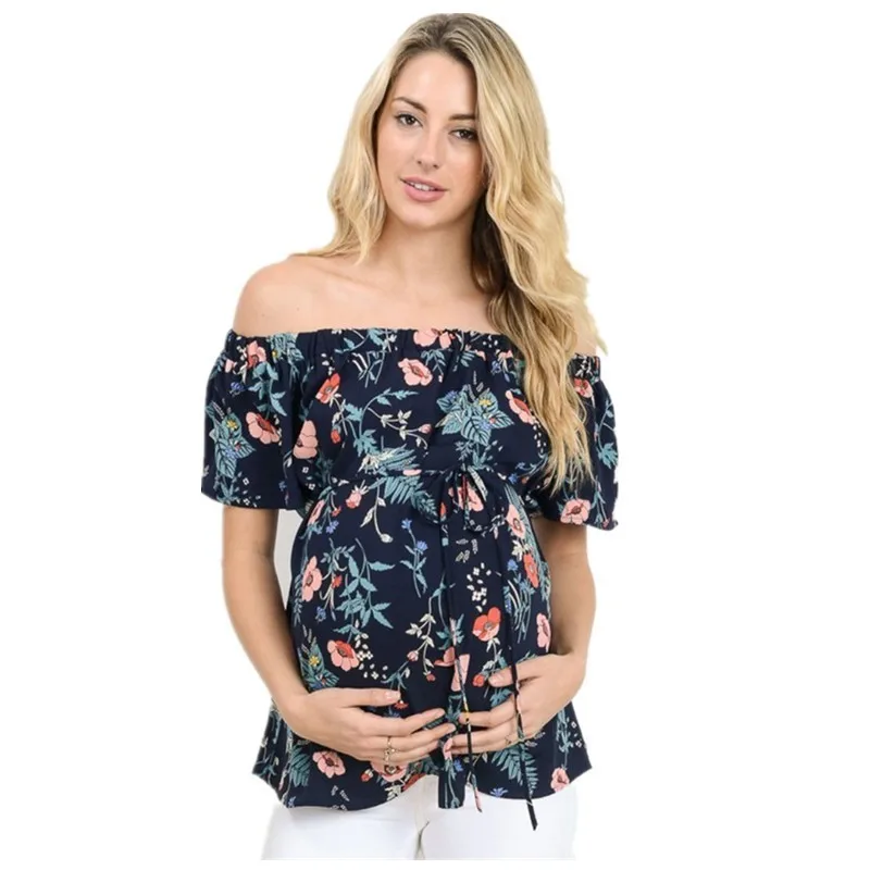 

New Maternity Clothes Chiffon One Word Collar Short Sleeve Printing Pregnant Woman In Tops Pregnancy Clothes Nursing Top Vistido