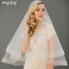 NYZY V4, настоящая фотография, свадебная вуаль цвета шампанского, фата невесты с гребнем, обшитая кромкой, 2 слоя, мягкий тюль, velo novia voile mariage