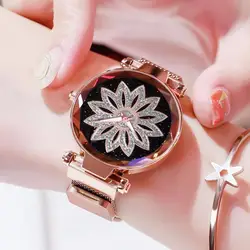 2019 новый бренд для женщин сетки Магнит пряжка Женева цветы часы Роскошные дамы Геометрическая поверхность повседневные часы Relogio Feminino