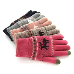 Вязаные сенсорные перчатки Рождественские лося женские осенние и зимние теплые шерстяные плюс бархатные утолщенные уличные перчатки для