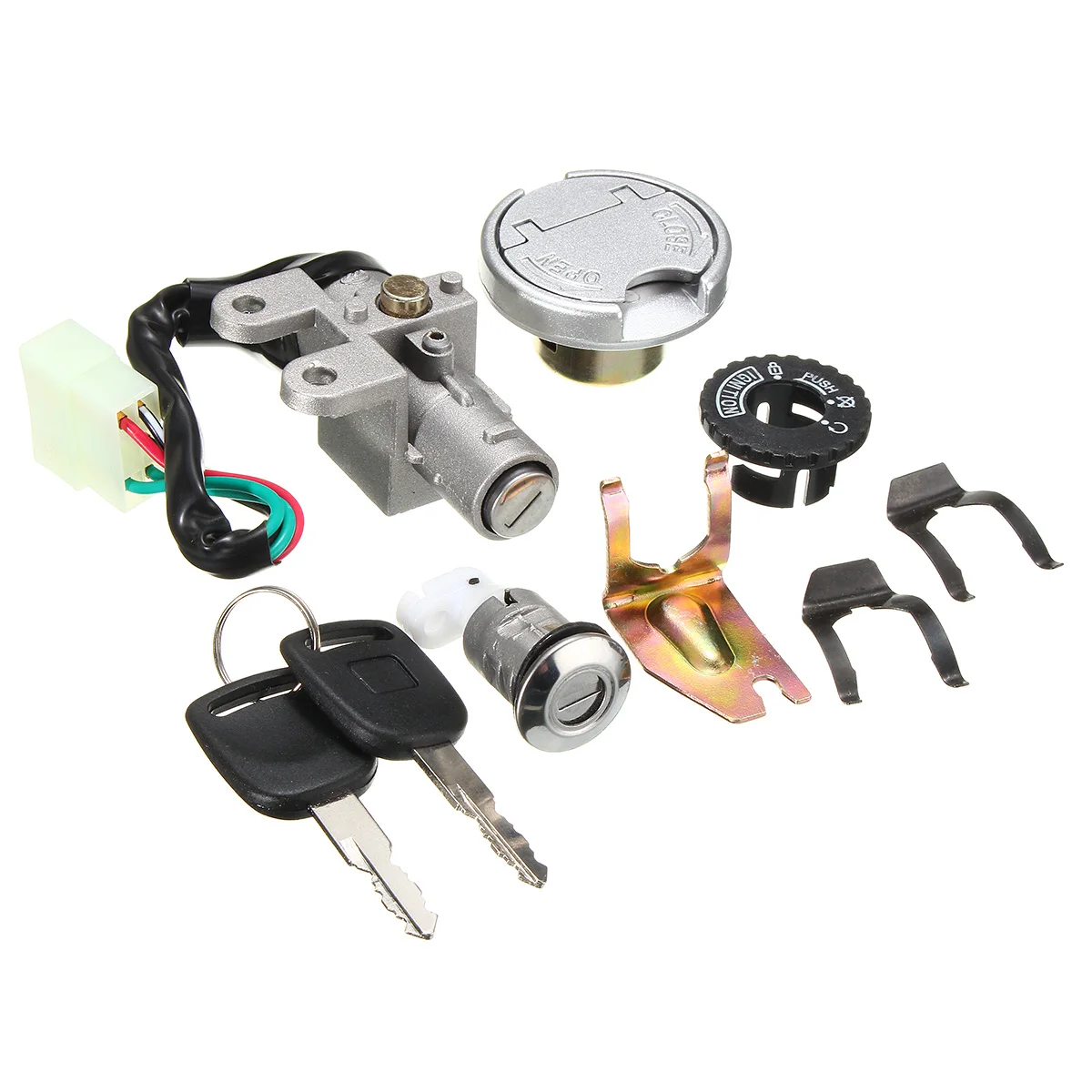 

Unverisal Motorcycle Ignition Lock Switch Fuel Tank Cap 2 Keys For GY6 50CC Baotian Benzhou Buffalo Ering Jmstar Jack Fox REX