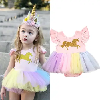 

New Newborn Kids Baby Girl Dress Unicorn Half Sleeve Tutu Lace Dress Romper Outfits