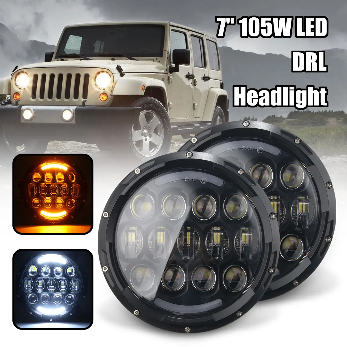 

7 Inch H4 H13 105W LED Headlight Hi/Lo Beam With Turn Signal For Harley Jeep for AM General Hummer for Land Rover for Wrangler