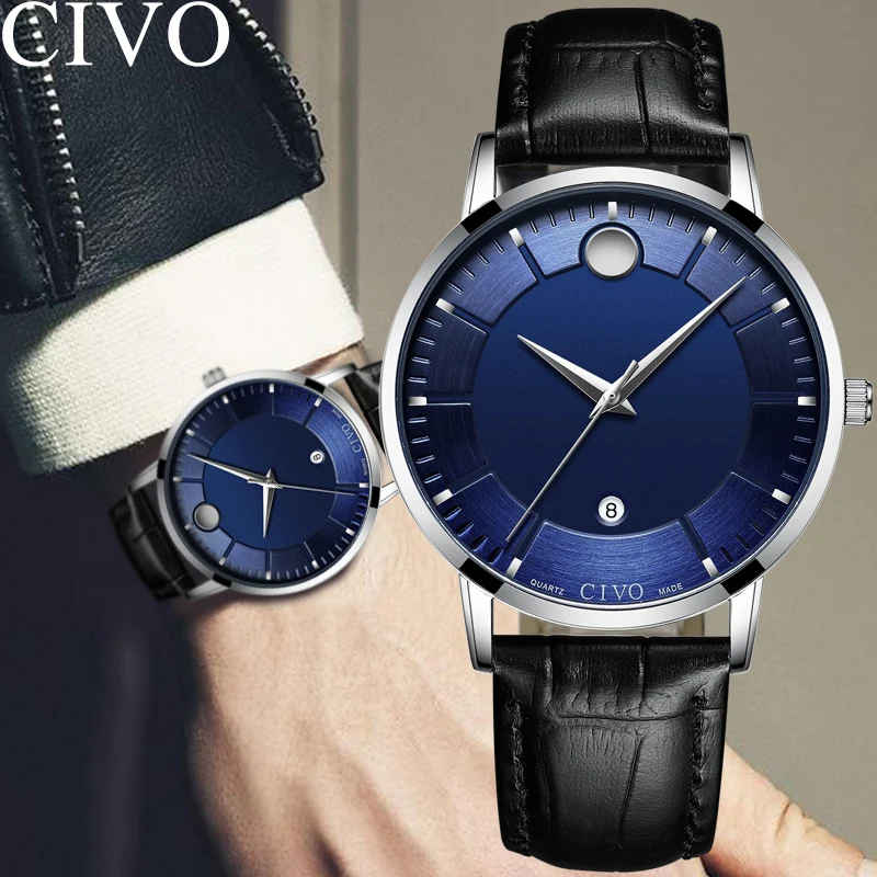 

CIVO Mens Watch Diamond Watches Waterproof Date Calendar Gents Genuine Leather Quartz Wrist Watches For Men Clock Reloj Hombre