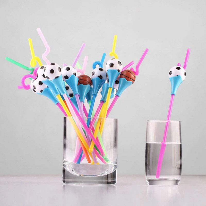 

10pcs Fun Football Basketball Shape Scalable Bent Straw Creative DIY Hard Drinking Straw For Kids Birthday Party Mix Shape