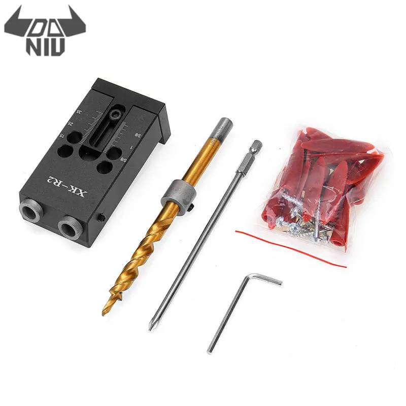 

DANIU Black XK-R2 Aluminum Alloy Pocket Hole Jig Set 9.5mm Oblique Hole Positioner Woodworking Locator Solid Metal Drill Guide