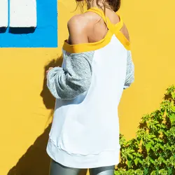 Женская футболка с v-образным вырезом, с открытыми плечами, толстовка с капюшоном, длинный рукав, свитер, пуловер, топы, женские Лоскутные