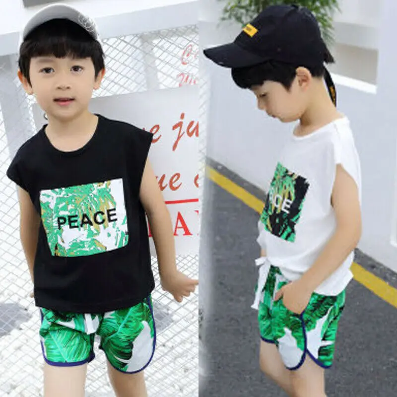 2PCS Toddler Kid Baby Boy Causal Clothes Letter Print T-shirt Tops Tank+Shorts Beach Outfits Sets 1-6Y | Детская одежда и обувь