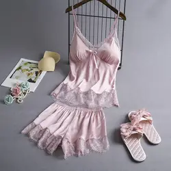 2019 сна Lounge пижамный комплект пикантные атласные пижамы для женщин Летняя Пижама цветок шелковые для с нагрудники