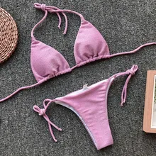 String Swimwear Two Piece Sexy Thong Swimsuit Women Mini Solid Bling Bikini Set Halter Backless Bathing Suit For Female Bikinis stylish flower hit color halter backless two piece swimsuit for women