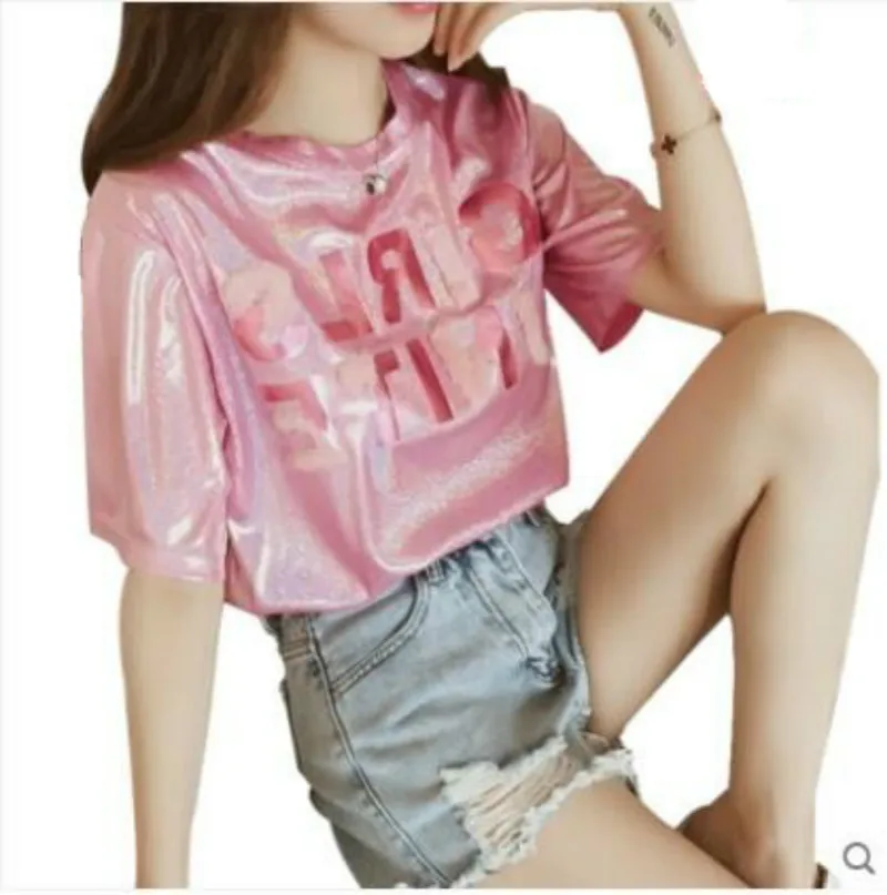 

XUXI High Quality S-3XL Plain Letter T Shirt Women Elastic Basic Glisten T-shirts Female Casual Tops Short Sleeve T-shirt FZ110