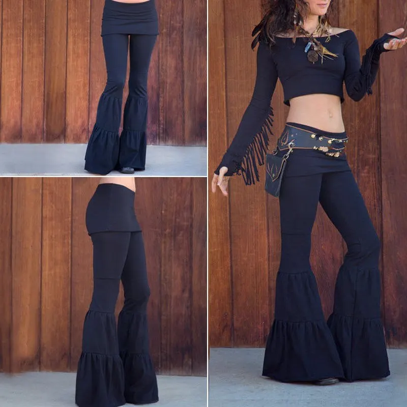 Женские расклешенные брюки, расклешенные брюки с широкими штанинами, Стрейчевые брюки Бохо с высокой талией, повседневные однотонные брюки с эластичной резинкой на талии