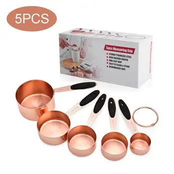 

5 PCS Measuring Cup Set Retro DIY Baking Tool Rose Golden Food Grade Stainless Steel Measuring Spoon Set