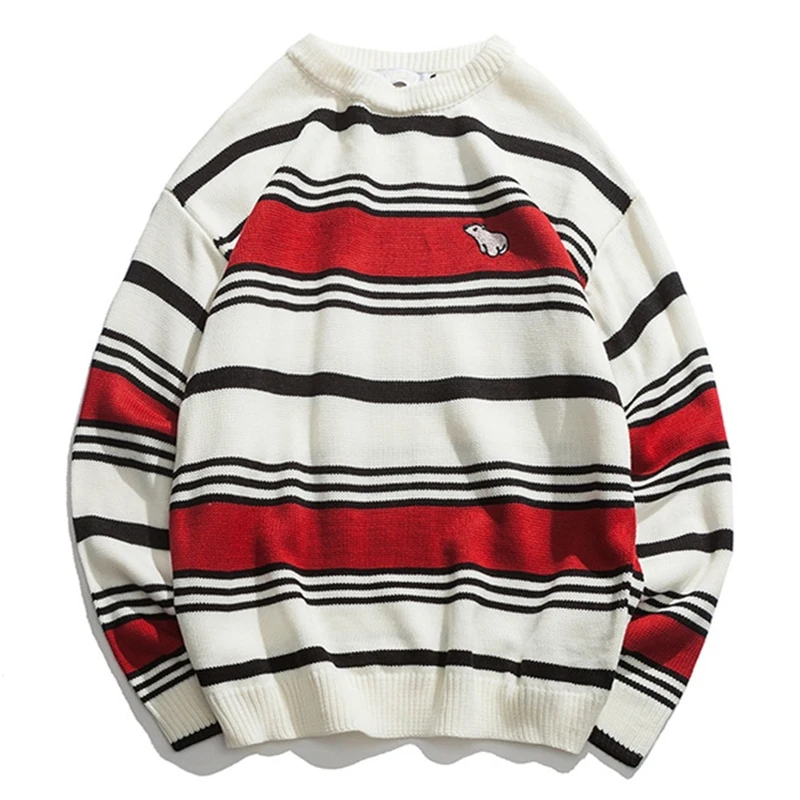 

Bear Embroidery Stripped Patchwork O-neck Knitted Men Sweaters Hip Hop Quality Pullover Streetwear Male Loose Clothing 2019