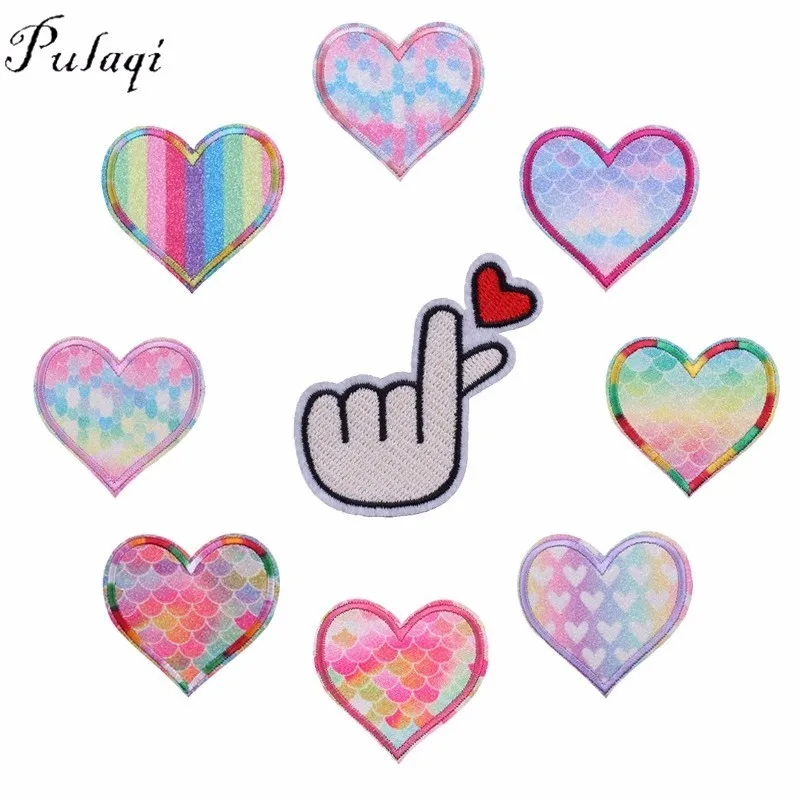 

Pulaqi Flashing Finger Heart Embroidered Iron On Patches Stickers On Clothes Shineing Powder Patch For Kids Men Women Decor F