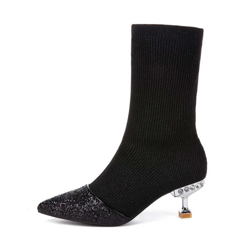 

2019 New Autumn And Winter In The Tube Elastic Yarn Knit Socks Boots Stiletto Pointed Socks Women's Shoes With Ankle Boots Women