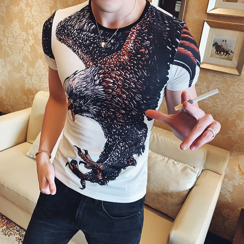 

2019 Korean Hombre Manga Corta Short Tee Baroque Pantalon Moda Animal Print T Shirt Man Club Party Homme Hombre Camiseta
