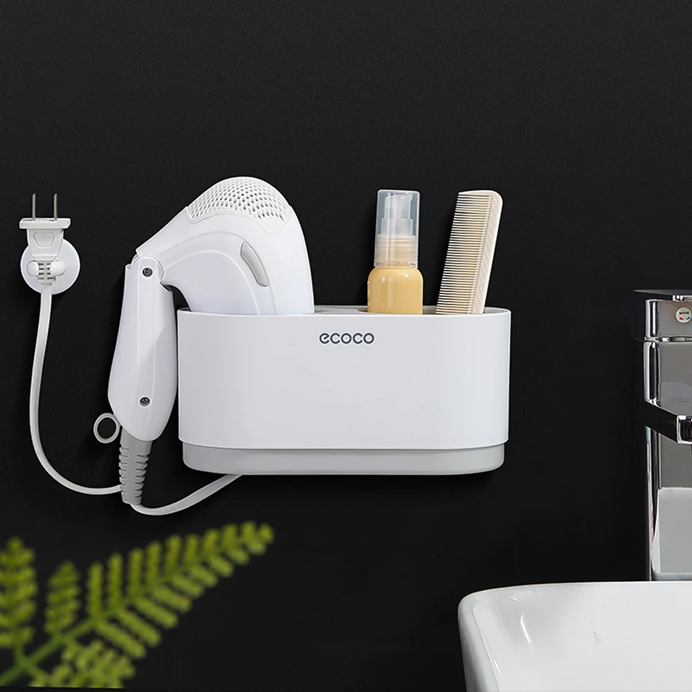

ecoco Wall Mounted Hair Dryer Stand Holder Hair Blower Hanging Rack Bathroom Organizer with 1 Cable Hook for Home Hotel