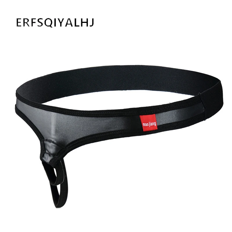 Men Sexy Open Panties Double Ring Thong For Sex Gun Egg Separation T Pants Imitation Leather Underwear Latex String | Тематическая