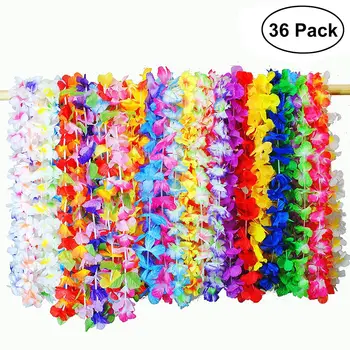 

36 PCS Hawaii Wreath Garlands Tropical Hawaiian Leis Necklaces Artificial Flowers Luau Flowers Party Supplies Random Color