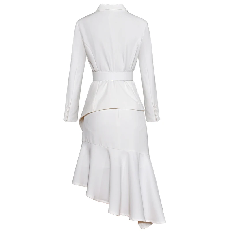 Офисные костюмы для женщин Модный комплект из двух предметов Зимняя юбка комплект с длинным рукавом белый Блейзер Куртка+ миди Асимметричная юбка