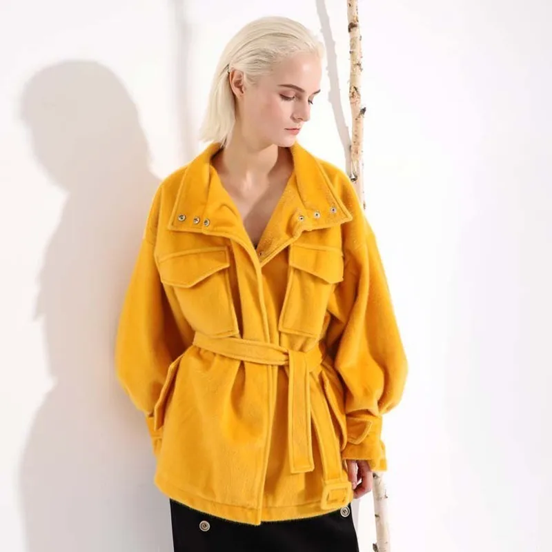 VGH 2018 Winter Jacket For Women Coats FLapel Long Sleeve Yellow Pocket Stitch Large Size Woolen Coat Fashion New | Женская одежда