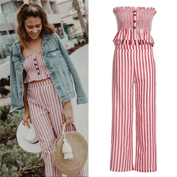

Summer 2 piece set women Sleeveless Striped Crop Top + Wide Leg Pant Casual tracksuit women summer clothes Set Outfits