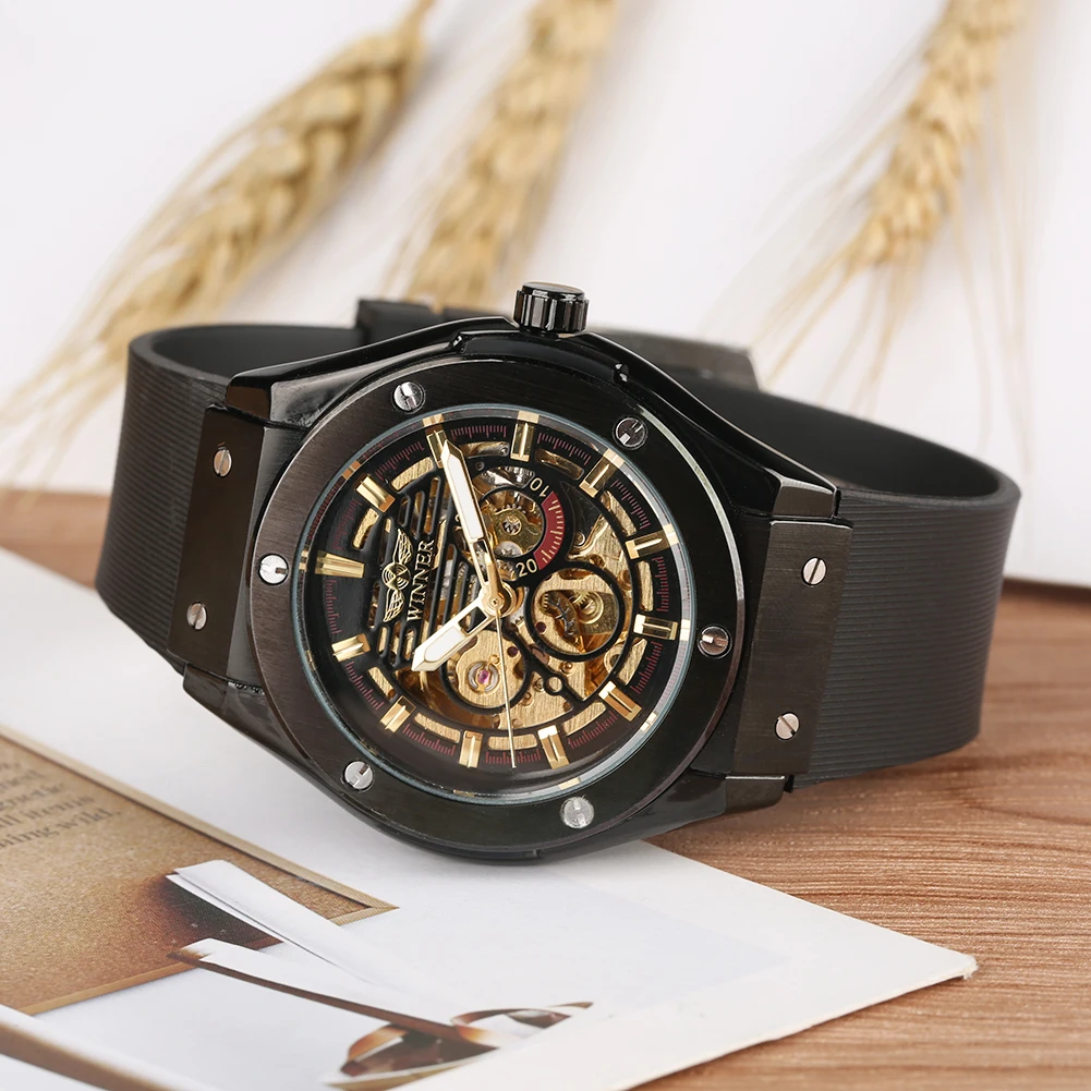 

Skeleton Automatic-self-wind Watch Men Mechanical WristWatch Silicone Watch Band Business Style Clock Relogios Masculino Saati