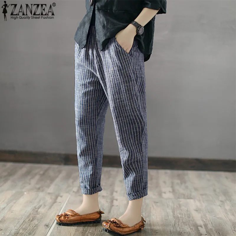 

ZANZEA 2019 New Women Striped High Waist Long Harem Pants Casual Loose Trousers Pockets Work Femme Pantalon Streetwear Plus Size