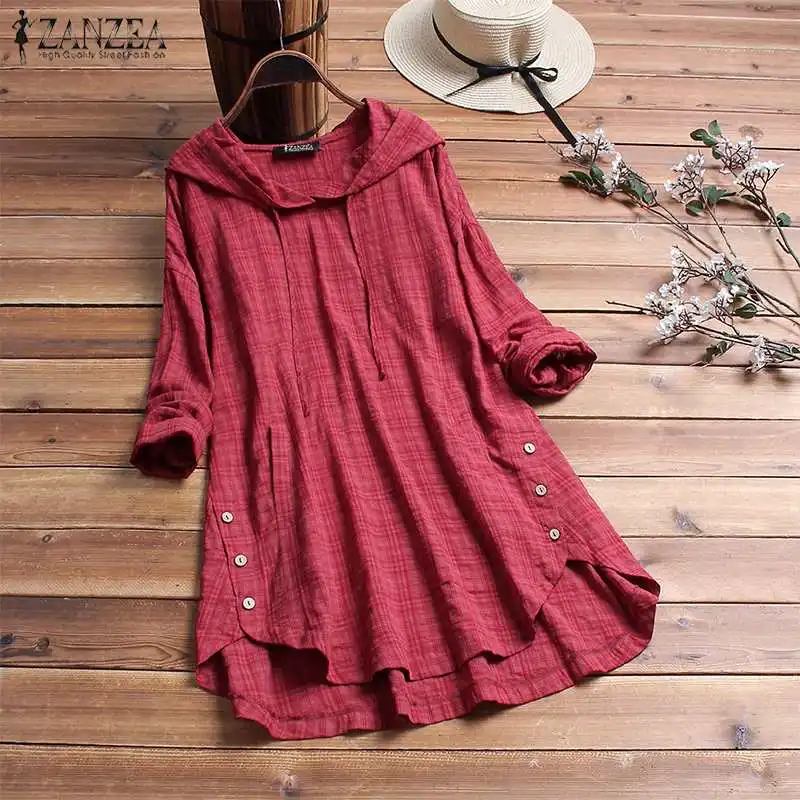 

ZANZEA Women Tops and Blouses Long Sleeve Pockets Hooded Shirt Ladies Vintage Check Plaid Blusas Casual Tunic Tops Plus Size