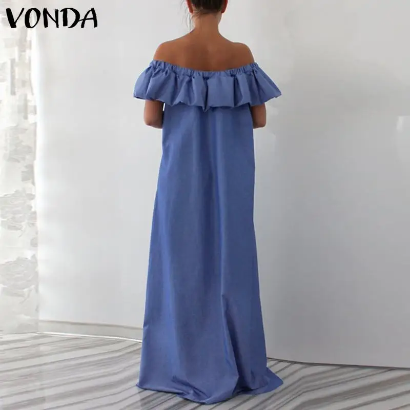 VONDA S-5XL النساء أكمام اللباس الصيف 2019 مثير قبالة الكتف كشكش ماكسي اللباس الصلبة الطابق طول Vestido زائد حجم