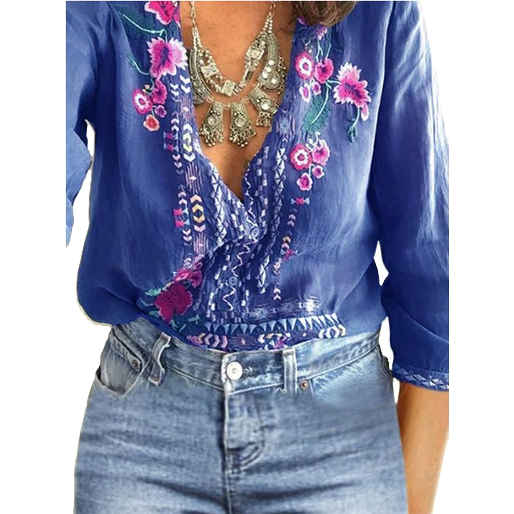 

Summer Womens Tops And Blouses Sexy V-Neck Lace Floral Ladies Shirts Casual Long Sleeve Loose Top Plus Size Embroidery Blouse