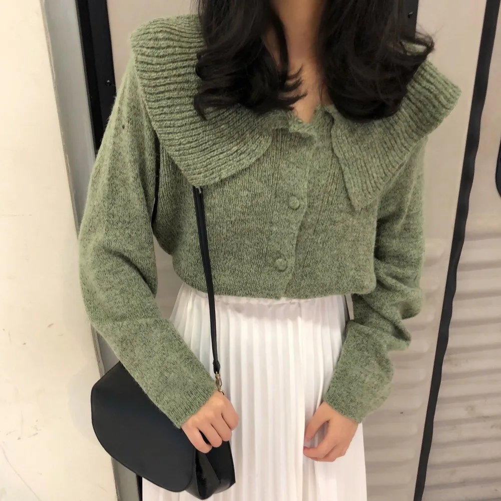 

Women Peter Pan Collar Knitted Cardigan Elegant Long Sleeve Casual Sweater Harajuku Sweet Sweater Outwear Femme