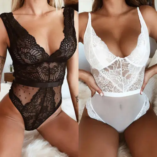 

Sexy Women Lace Mesh Bodysuit Underwear Romper Sleepwear Ladies Backless Babydoll Cross G-String Bodycon Bodysuits Nightdress