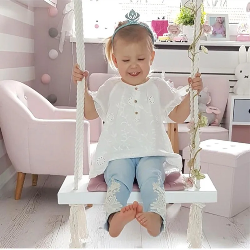 Nordic style wooden swing outdoor garden bedroom children's swing solid wood seat with cushion safety baby room decoration Sale Nordic style wooden swing outdoor garden bedroom children's swing solid wood seat with cushion safety baby room decoration Sale