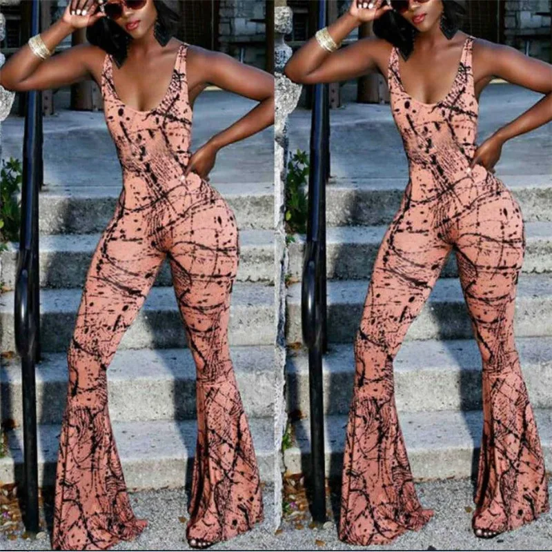 

Women's Club Wear Playsuit Bodysuit Party Jumpsuit Romper Chiffon Long Trousers Ladies' Printed Sleeveless Wide Leg Fashion New