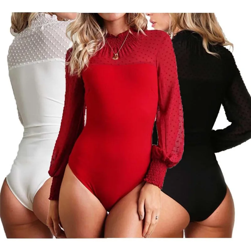 مثير الصلبة الشيفون الياقة المدورة نحيل الدانتيل داخلية النساء 2019 الربيع الخريف كم طويل Bodycon خليط ارتداءها للنساء