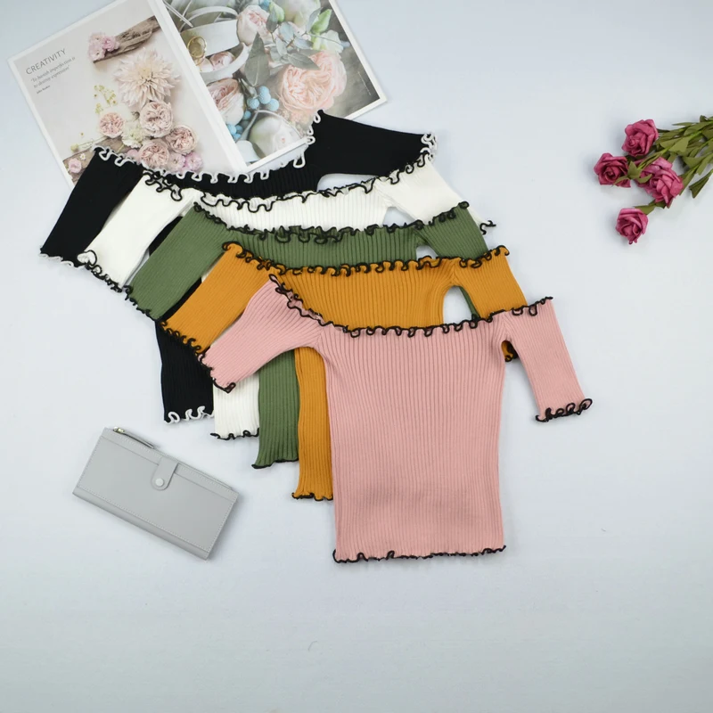 

Summer Sweet Sexy Ruffles Slash Neck Cropped T-shirts Women Short Sleeve Knit Fashion Crop Tops Tshirt For Girls