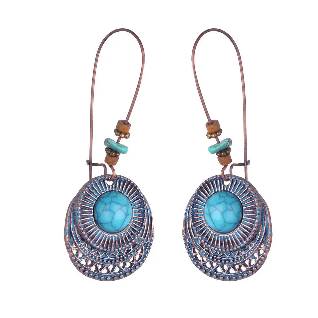 

Women Fashion Retro Bohemian Round Hollow Out Hoop Drop Gold, Gold Green, Green Casual Earrings