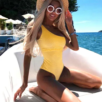 

Womens High Waist Bikini Jumpsuits Bodysuits Cute Dot One Shoulder Ruffles Frill One Piece Bathing Suit Swimwear Beach Wear
