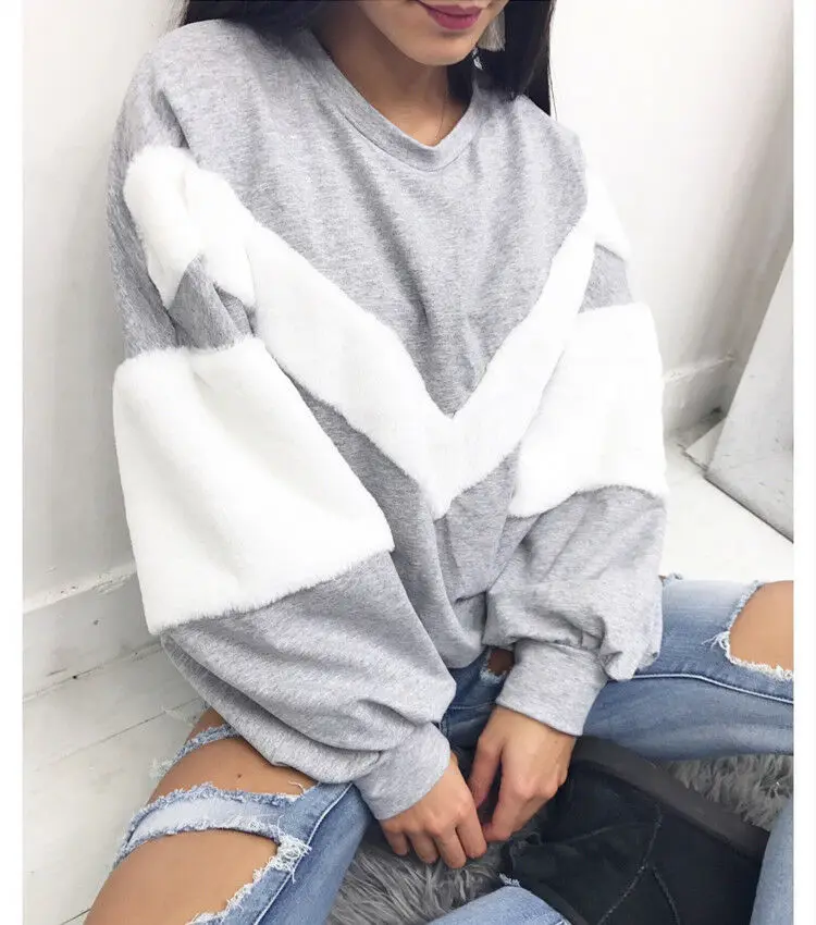 

Fashion Women Long Sleeve Loose Blouse Casual Patchwork O Neck Shirt Jumper Hoodies Sweatshirts