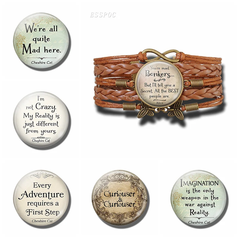 

Fashion Women's Brown Leather Bracelet Alice In Wonderland Quote Print Glass Cabochon Bracelets Bangle Jewelry Gift for Women