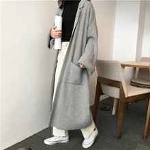 2018 Autumn Winter Lapel Long Type Big Pockets Cardigan Sweater Loose Big Size Oversize Knitting Tops