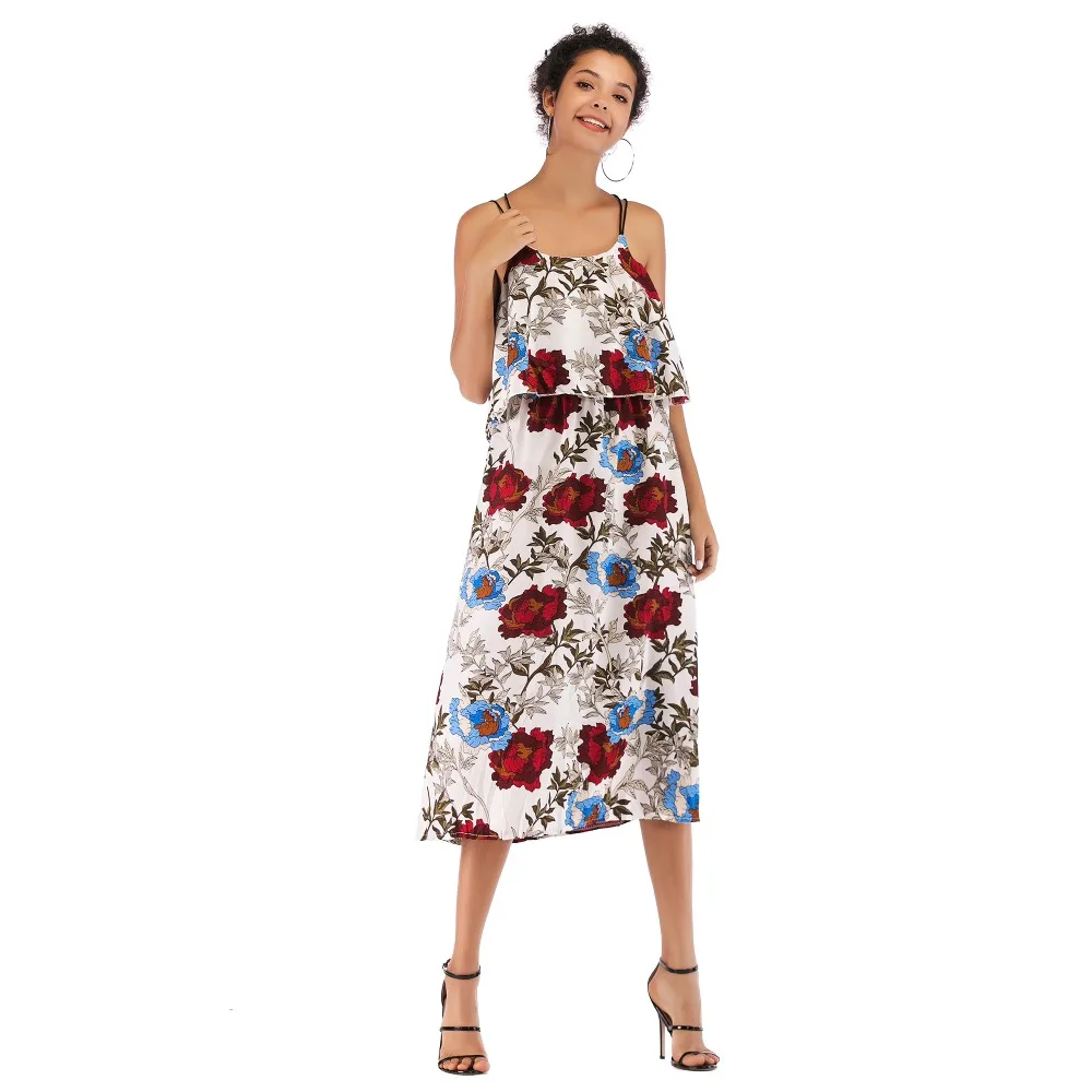 2019New Elegant Chiffon Women Dress Summer Off Shoulder Floral Print Boho Style Mid-Length Party Beach maxi dress