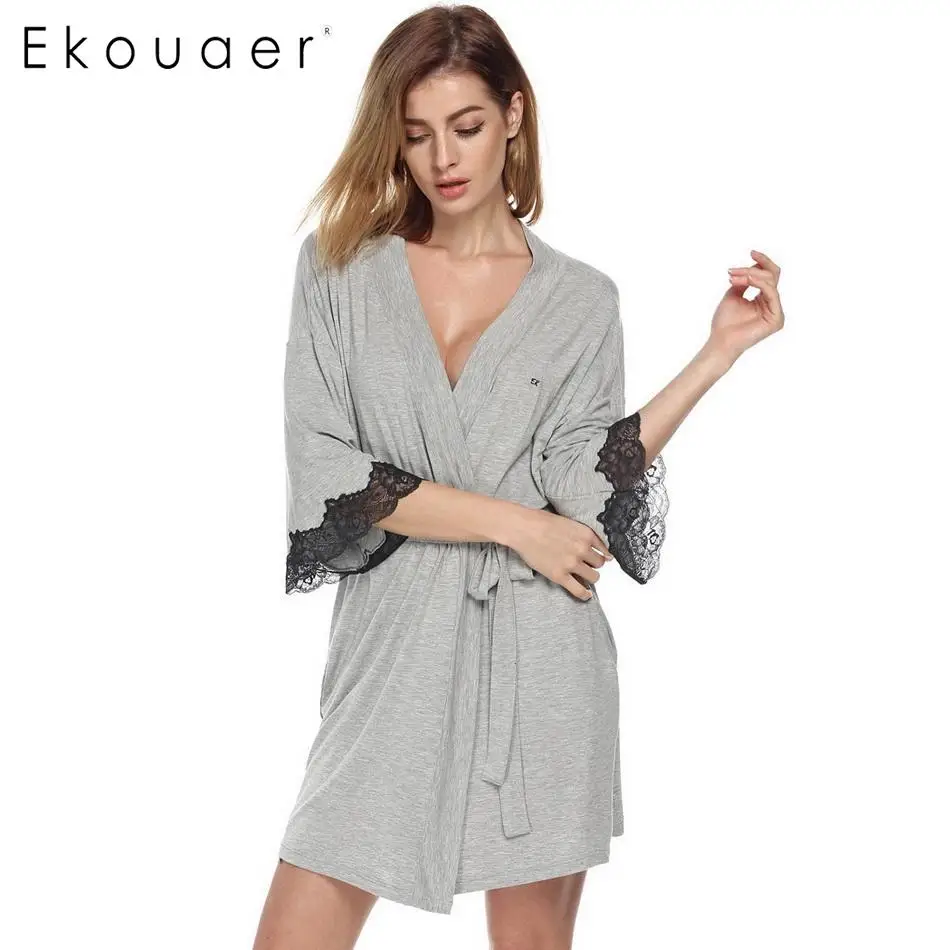 Ekouaer для женщин халат Ночное кимоно Сауна Spa халаты Твердые Половина рукава пижамы вискоза кружевная бейка туалетный халаты
