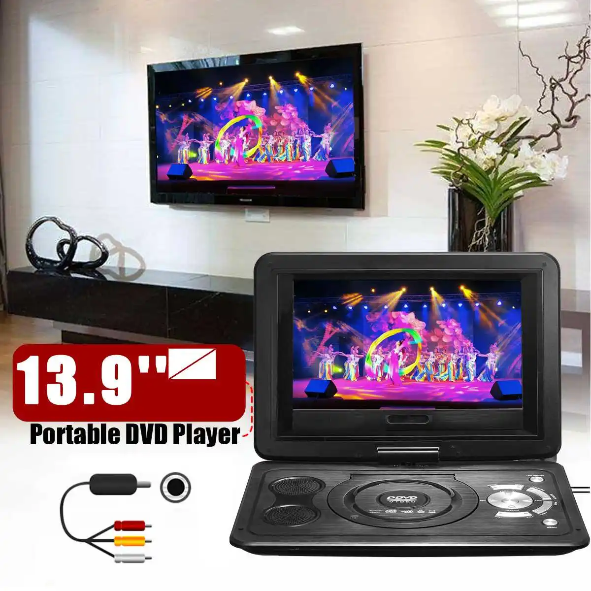 

13.9'' Mini Portable Home Car DVD Player MP3 CD Digital Multimedia Player USB SD Support FM TV Game Card Read Function w/Gamepad